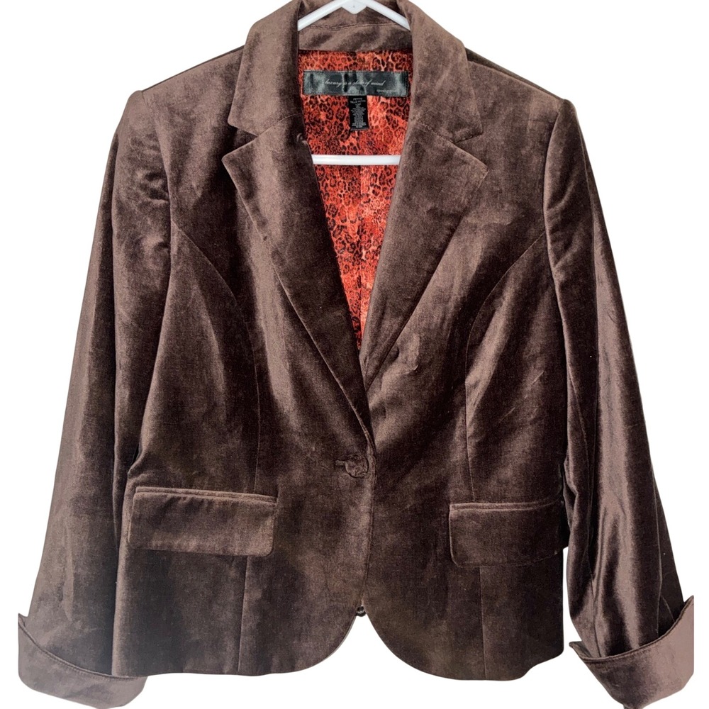 Apostrophe Velvet Blazer Women 12P Brown Lace Trim Leopard Lining Career Jacket